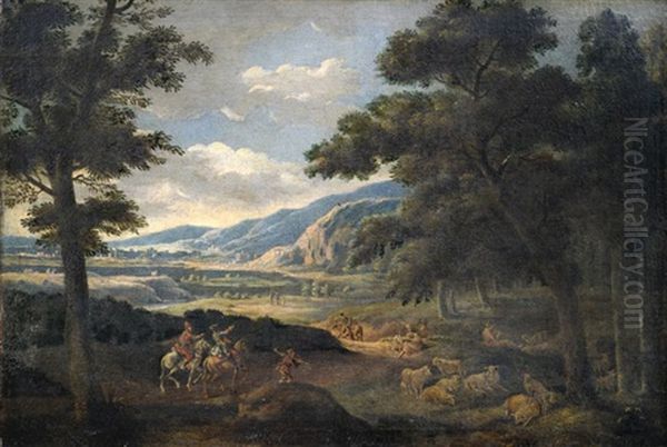 Weite Landschaft Mit Bauern, Hirten Und Reisenden - view 1
