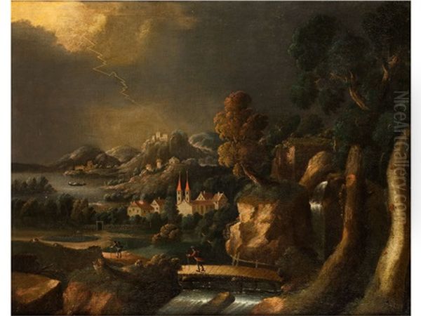 Gewitterlandschaft Mit Wanderern Vor Gebirgskulisse - view 1