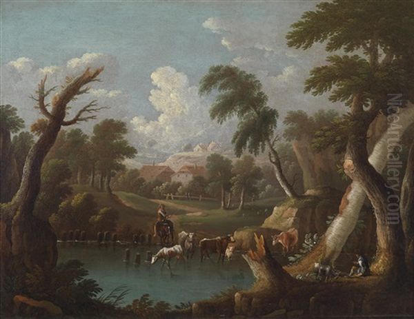 Bergige Landschaft Mit Saufendem Vieh An Einem Tumpel - view 1