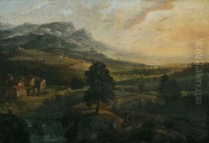 Dunstige Landschaft Mit Wasserfall Und Blick In Ein Weites Tal. Im Vordergund Reiter Bei Der Hirschjagd by Johann Georg Von Bemmel