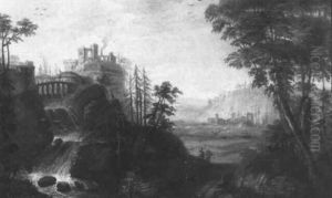 An Italianate Wooded Landscape With Peasants On A Track By A Waterfall, A Hilltop Town And Castle Ruin Beyond by Johann Kaspar Von Bemmel