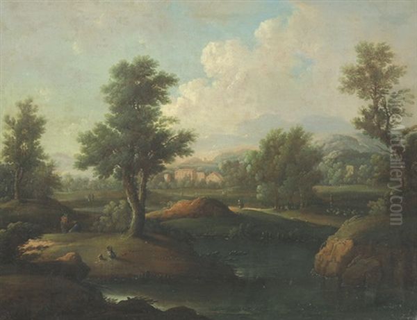 Fluslandschaft Mit Wanderern, Im Hintergrund Ein Gebaude - view 1