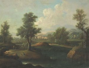 Fluslandschaft Mit Wanderern, Im Hintergrund Ein Gebaude