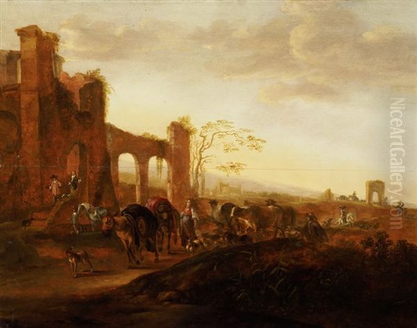Abendliche Sudliche Landschaft Mit Ruinen, Hirten Und Herde - view 1