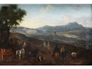 Landschaft Mit Reitern Und Einem Dorf Im Tal by Peter Von Bemmel
