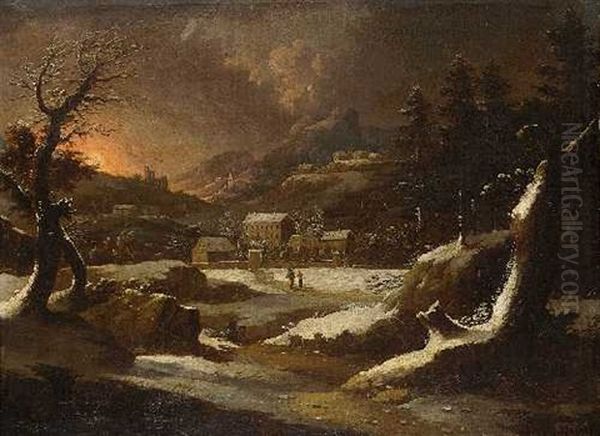 Abendliche Winterlandschaft Mit Hausern Und Figurenstaffage - view 1