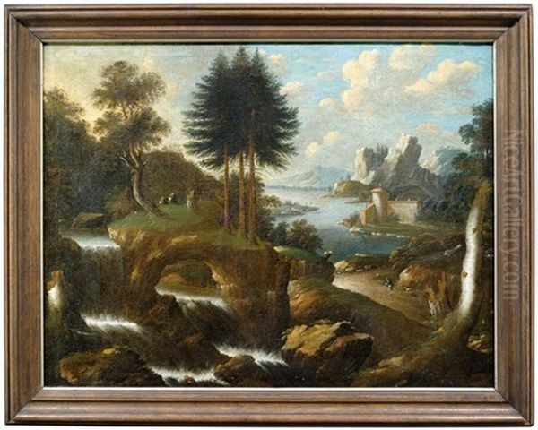 Flusslandschaft Mit Waserfall Und Gehoft - view 1