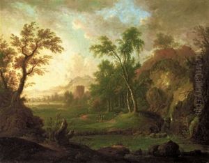 Bewaldete Flusslandschaft Mit Einem Turm Und Figuren