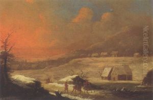 Winterlandschaft Mit Reitern Bei Sonnenuntergang by Peter Von Bemmel