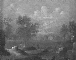 Sudlandische Ideallandschaft Mit Einem Von Felsen Umsaumten See Und Landhausern Im Hintergrund by Peter Von Bemmel