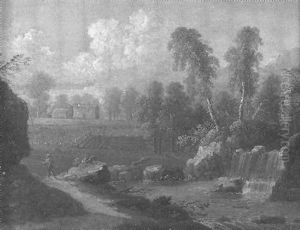Sudlandische Landschaft Mit Einem Kunstlich Angelegten Wasserfall Und Landhausern Im Hintergrund by Peter Von Bemmel
