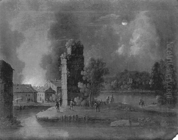 Incendie D'une Ville Pres D'une Riviere Au Clair De Lune - view 1
