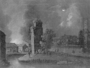 Incendie D'une Ville Pres De La Riviere Au Clair De Lune Incendie D'une Ville Pres De La Riviere Au Clair De Lune