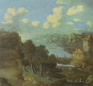 Fluslandschaft Mit Gebauden Am Wasserfall Vorne Rechts by Peter Von Bemmel