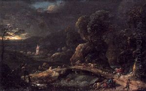 A Thunderstorm In A Wooded River Landscape With Travellers