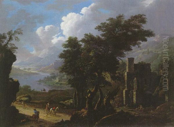 Villageois Et Cavaliers Pres De Ruines Ombragees Dans Un Paysage Montagneux Que Traverse Un Riviere - view 1