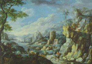 Gebirgige Fluslandschaft Mit Reitern