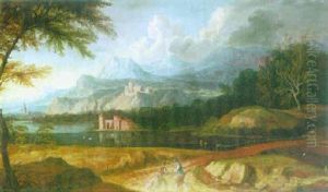 A River Landscape With Two Peasants On A Path, Mountains Beyond