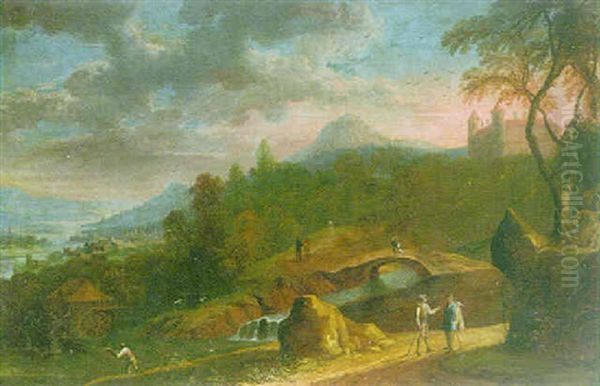 A Wooded Landscape With A Watermill, A Fisherman And A Castle Beyond by Peter Von Bemmel