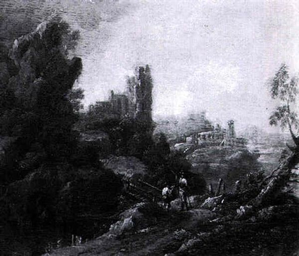 A Rocky Landscape With A Traveller Seeking Directions Before A Wooden Bridge - view 1