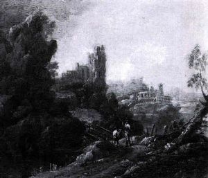 A Rocky Landscape With A Traveller Seeking Directions Before A Wooden Bridge by Peter Von Bemmel