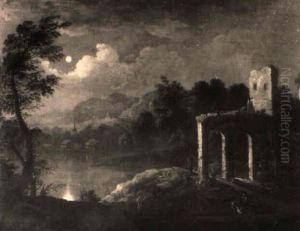Mondscheinlandschaft Mit Ruinen An Einem Flus Mondscheinlandschaft Mit Ruinen An Einem Flus