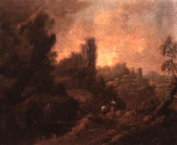A Rocky Landscape With A Traveller Seeking Directions Before A Bridge - view 1