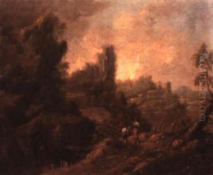 A Rocky Landscape With A Traveller Seeking Directions Before A Bridge
