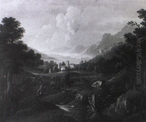 Hugelige Waldlandschaft Mit Burg Am Seeufer by Peter Von Bemmel
