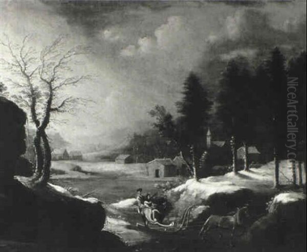 Winter Landscape With Figures On A Horse Drawn Sleigh - view 1