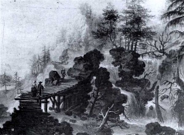 Gebirgslandschaft Mit Wasser- Fall Und Holzerner Bogenbrucke - view 1