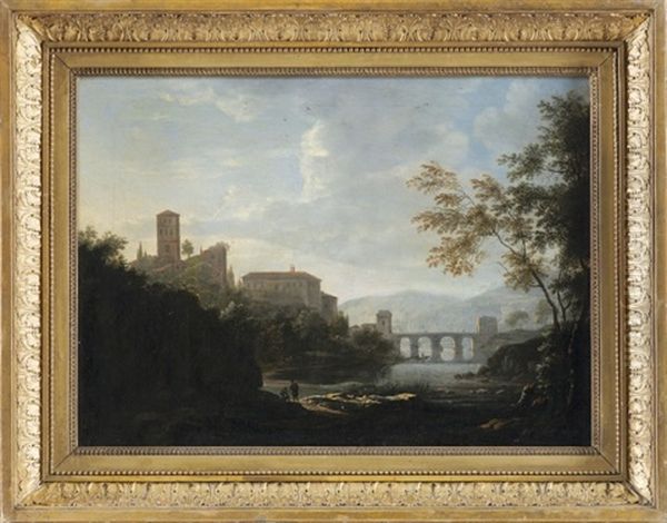 Sudliche Landschaft Mit Klosteranlage Auf Einem Hugel Und Steinbrucke Uber Einem Fluss - view 1