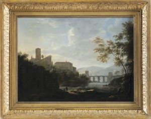 Sudliche Landschaft Mit Klosteranlage Auf Einem Hugel Und Steinbrucke Uber Einem Fluss