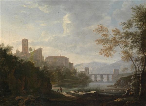 Sudliche Landschaft Mit Hoch Gelegener Kirche Und Einer Bogenbrucke Uber Einen Fluss - view 1