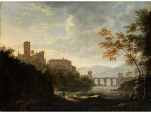 Italienische Fantasielandschaft Mit Bogenbrucke Uber Einem Fluss, Hoherstehendem Campanile Und Figurenstaffage