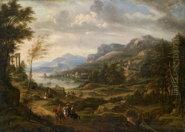 Weite Sudliche Kustenlandschaft Mit Einer Antiken Ruine Und Turkischen Reitern - view 1