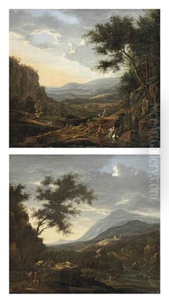 A Mountainous Landscape With Horseman On A Track At Sunset (+ A Mountainous River Landscape With Horsemen On A Rocky Path At Dawn; Pair) - view 1