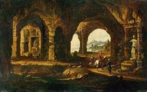 Capriccio Mit Grotten Und Orientalischen Reitern Vor Antiken Standbildern