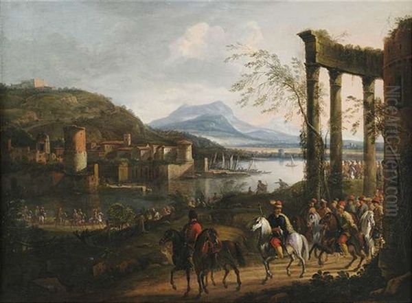 Weite Italienisierende Flusslandschaft Mit Ruinen, Hafenanlage Und Grosem Reiterzug - view 1