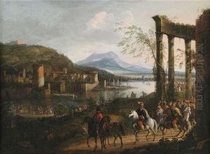 Weite Italienisierende Flusslandschaft Mit Ruinen, Hafenanlage Und Grosem Reiterzug by Willem Van Bemmel