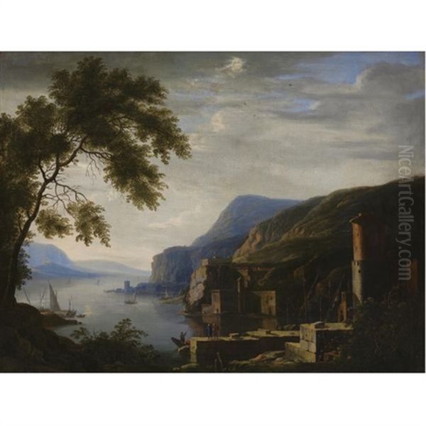 An Extensive Italianate River Landscape With Travellers Near Ruins, Shipping Near A Harbour Beyond - view 1
