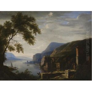 An Extensive Italianate River Landscape With Travellers Near Ruins, Shipping Near A Harbour Beyond An Extensive Italianate River Landscape With Travellers Near Ruins, Shipping Near A Harbour Beyond