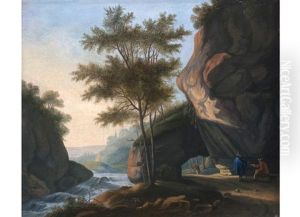 Italienische Landschaft Mit Felsenhohle Und Flusslauf Sowie Figurenstaffage by Willem Van Bemmel