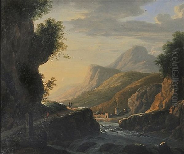 Gebirgige Fluslandschaft Mit Kleinem Dorf - view 1