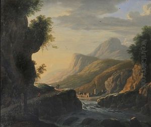 Gebirgige Fluslandschaft Mit Kleinem Dorf by Willem Van Bemmel