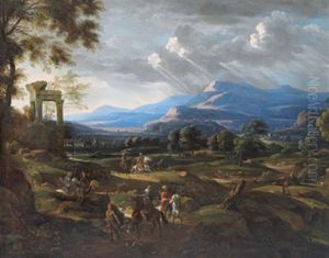 Weite Sudliche Landschaft Mit Einer Antiken Ruine Und Turkischen Reitern (in Collab. W/workshop)