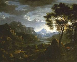 Gebirgige Fluslandschaft Mit Reitern. Im Hintergrund Am Flusufer Ansiedlungen
