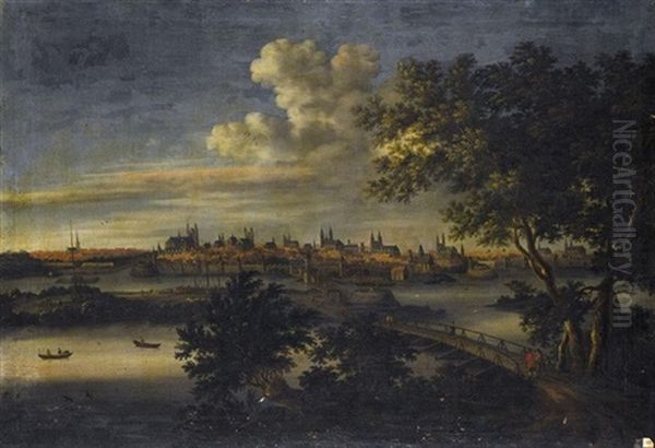 A Panoramic View Of Magdeburg Seen From Across The River Elbe, With Figures Crossing A Bridge In The Foreground - view 1