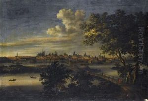 A Panoramic View Of Magdeburg Seen From Across The River Elbe, With Figures Crossing A Bridge In The Foreground by Willem Van Bemmel