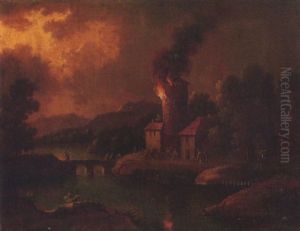 Abendliche Gewitterlandschaft Mit Brennendem Turm Am Fluss